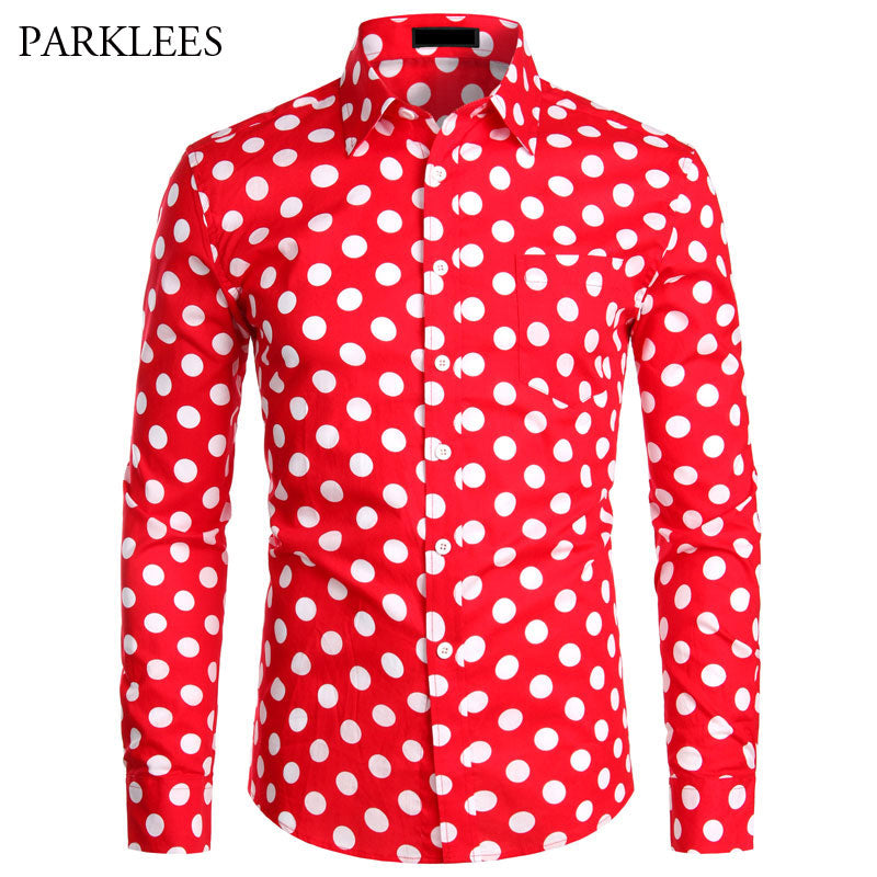 Red Mens Polka Dot Shirt Casual Button Up Dress Shirts