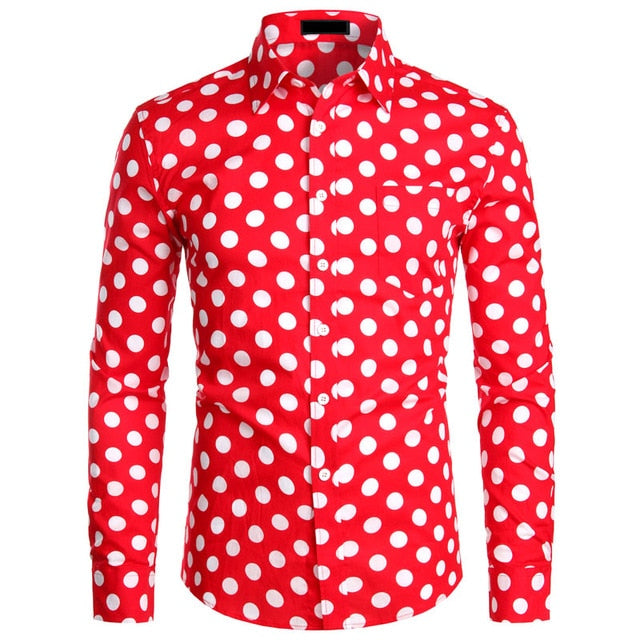 Red Mens Polka Dot Shirt Casual Button Up Dress Shirts