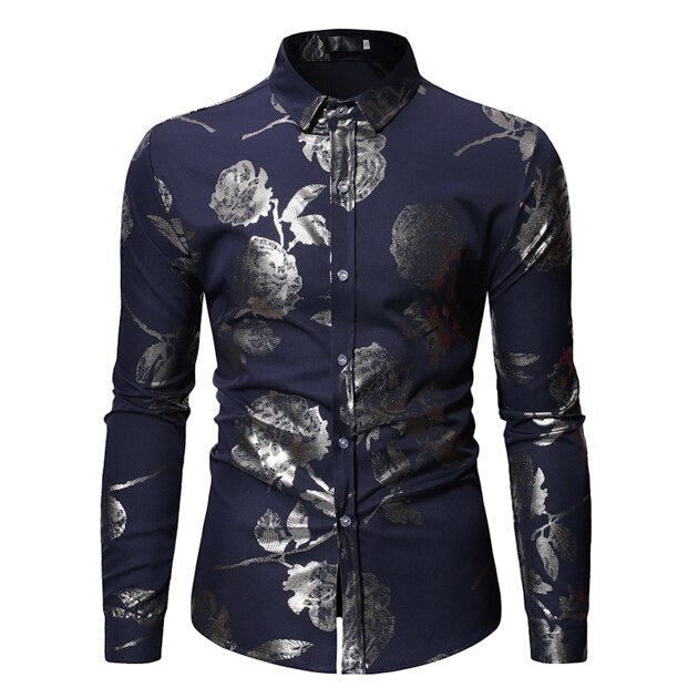 3D Golden Rose Floral Design Slim Fit Shirt Men