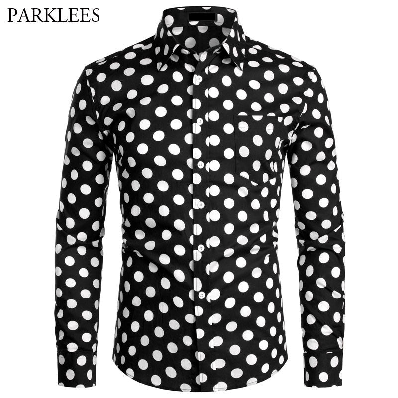 Black White Polka Dot Shirt Men Chemise Homme Casual Button Up