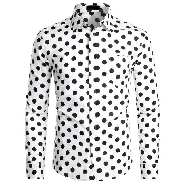 Black White Polka Dot Shirt Men Chemise Homme Casual Button Up