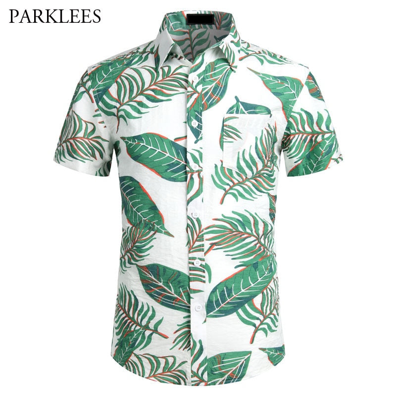 Leaf Print Hawaiian Shirts Men Summer Short Sleeve