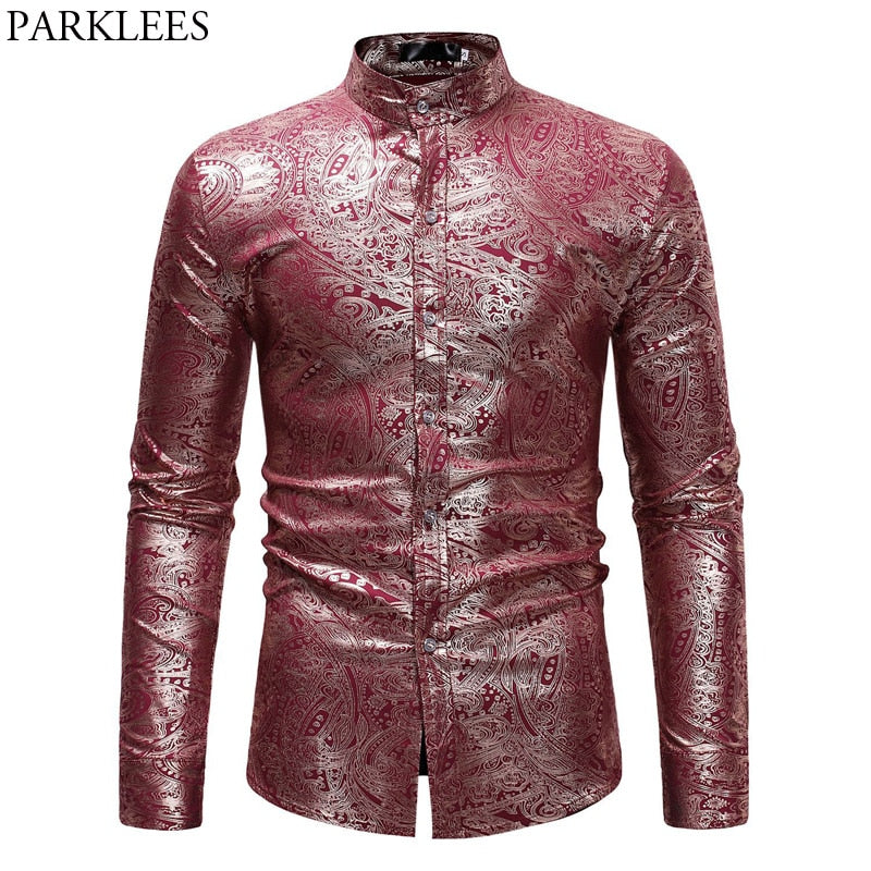 Paisley Floral Foil Print Red Shirt Men Slim Fit