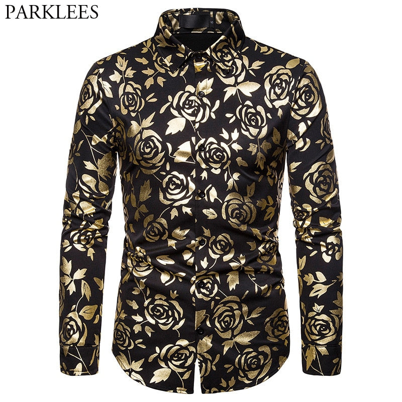 Stylish Geek Rose Gold Shiny Printed Dress Shirts Slim Fit