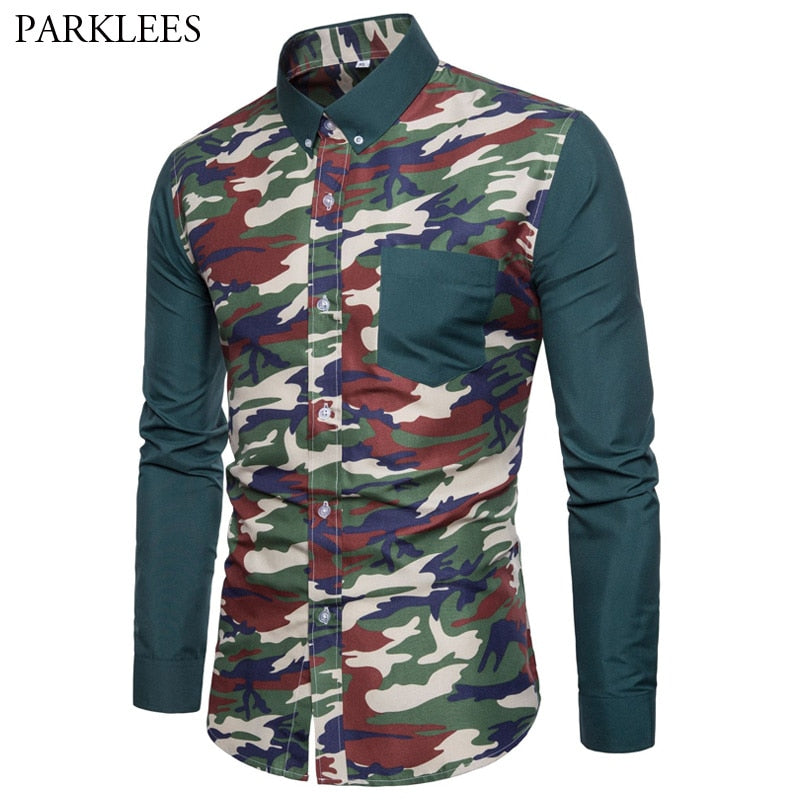 Camouflage Patchwork Mens Shirts Military