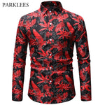 Mens Red Leaves Print Shirt Fashion Long Sleeve