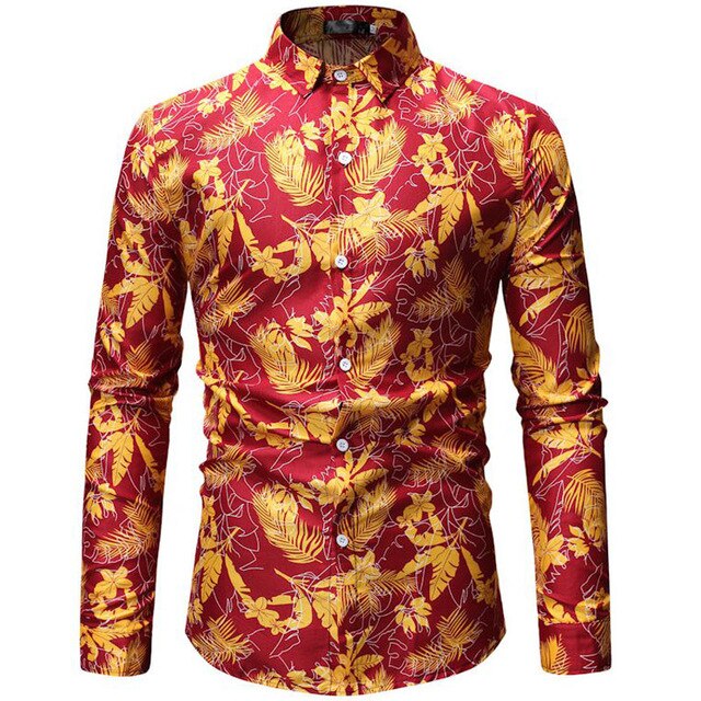 Mens Red Leaves Print Shirt Fashion Long Sleeve