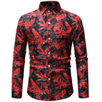 Mens Red Leaves Print Shirt Fashion Long Sleeve