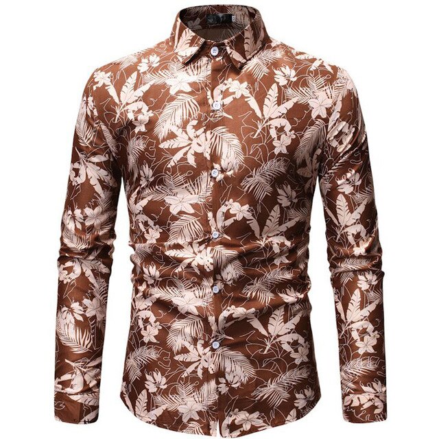 Mens Red Leaves Print Shirt Fashion Long Sleeve