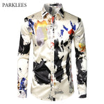 Silk Satin Shirt Men Luxury Print Mens Dress Shirts