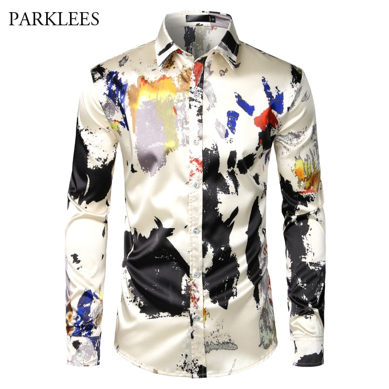 Silk Satin Shirt Men Luxury Print Mens Dress Shirts