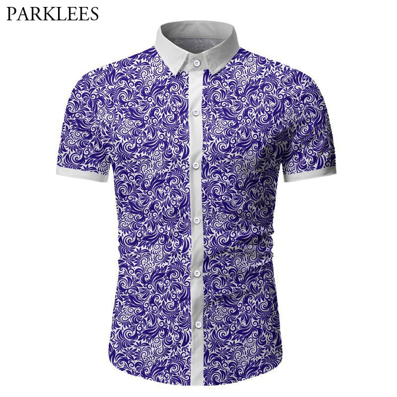 Purple Paisley Floral Print Short Sleeve Shirt