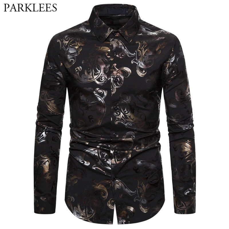 Shiny Floral Bronzing Men Shirts Baroque Palace