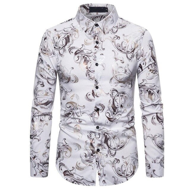 Shiny Floral Bronzing Men Shirts Baroque Palace