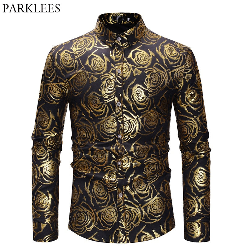 Men's 3D Golden Rose Design Slim Fit Long Sleeve