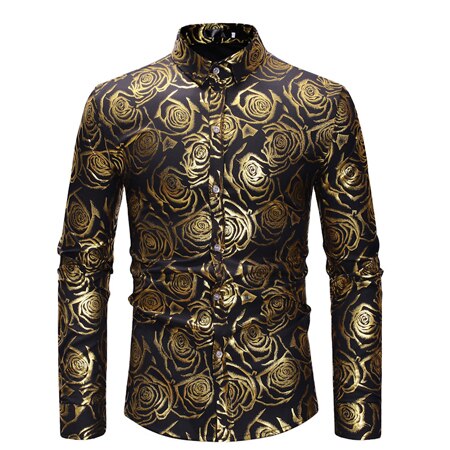 Men's 3D Golden Rose Design Slim Fit Long Sleeve