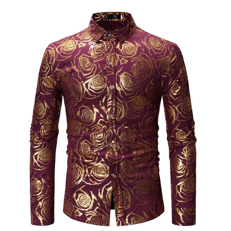 Men's 3D Golden Rose Design Slim Fit Long Sleeve