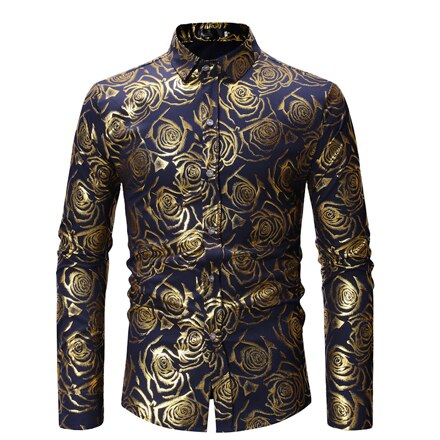 Men's 3D Golden Rose Design Slim Fit Long Sleeve