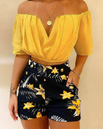 Off Shoulder Ruched Crop Top and Tropical Print Button Design Shorts Set