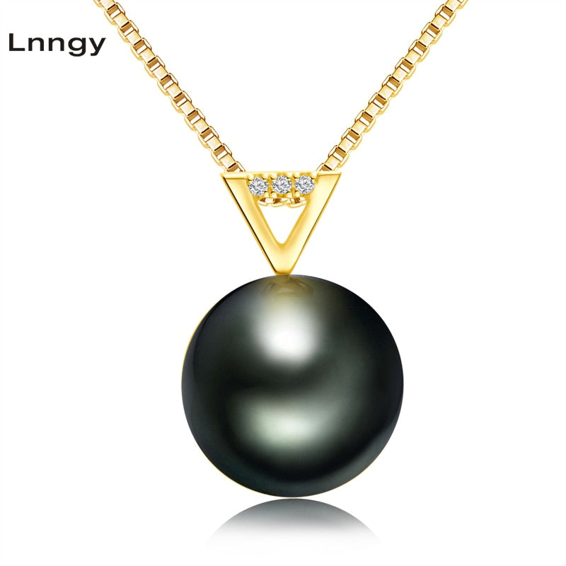 18K Solid Gold Diamond Black Pearl Pendant Necklace