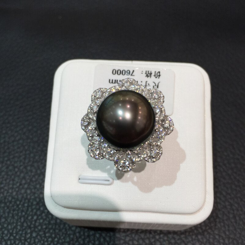 13-14MM Natural Tahiti black pearl ring 18K whtie gold with diamond