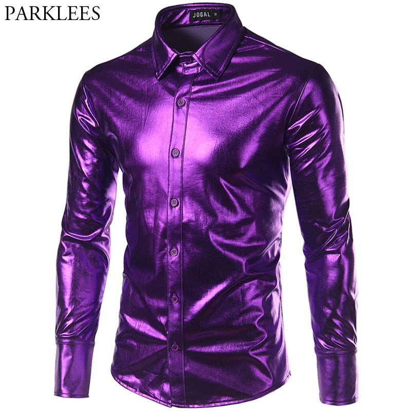 Purple Coated Metallic Night Club Wear Shirt