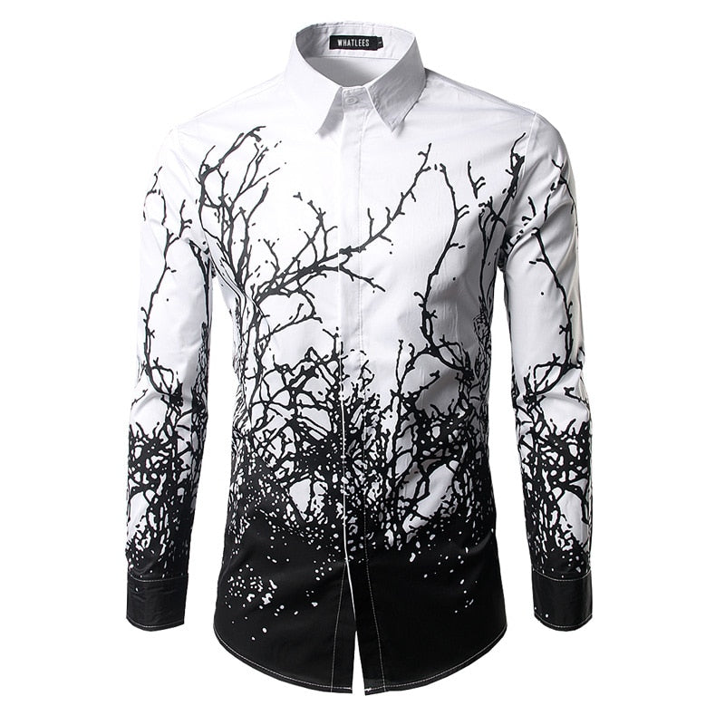 Brand Branches Ink Printing Mens Dress Shirts Casual Slim Fit