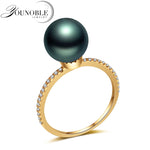 Real Wedding 18K Yellow Gold Rings Black Tahiti Pearl