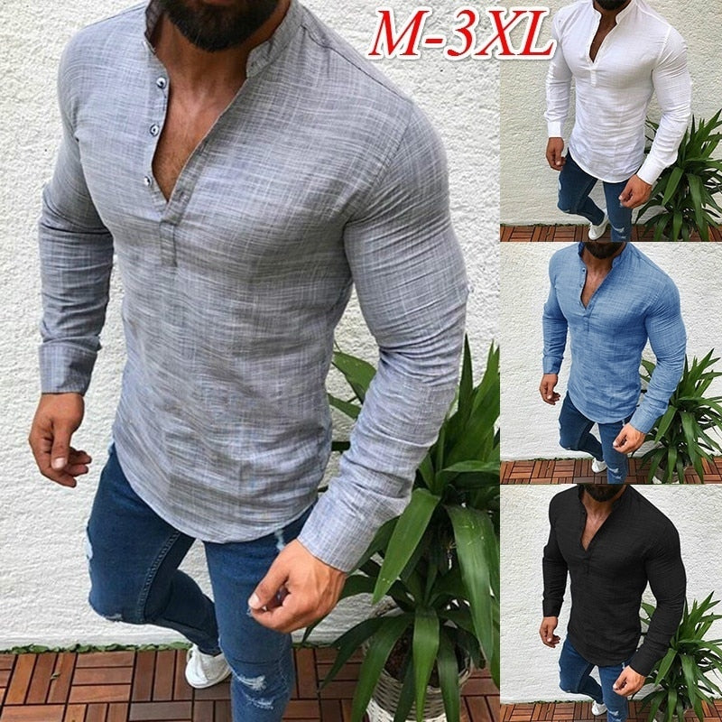 Mens Pullover Shirt Long Sleeve Linen Shirts Collarless