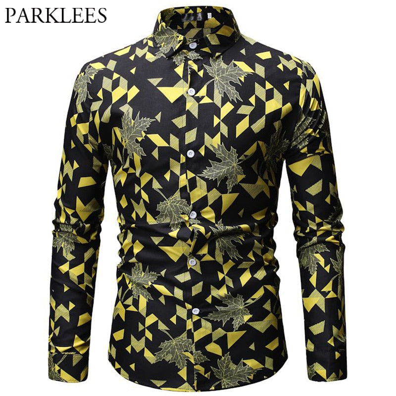 Yellow Geometric Leaves Print Shirt Men