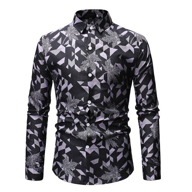 Yellow Geometric Leaves Print Shirt Men