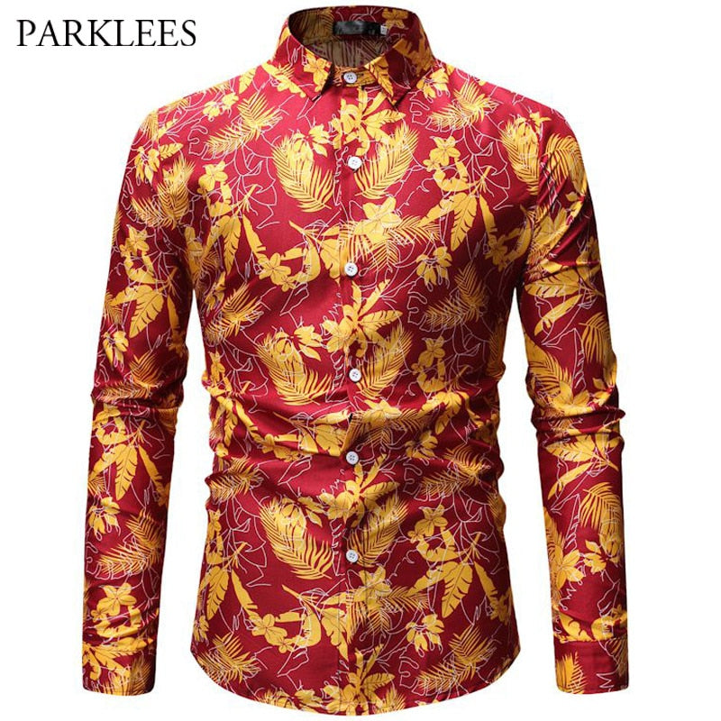 Mens Hipster Holiday Shirt 3D Gold Leaves Floral Print