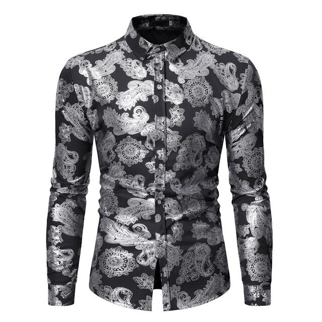 Mens Steampunk Printed Shirts Casual Slim Fit