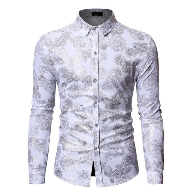 Mens Steampunk Printed Shirts Casual Slim Fit