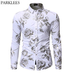 Gold Rose Floral Print Shirts Men Long Sleeve Slim Fit