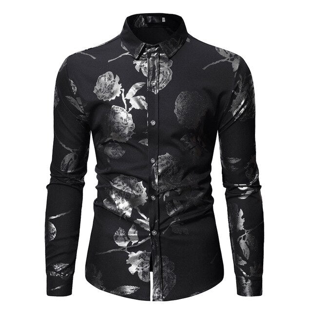 Gold Rose Floral Print Shirts Men Long Sleeve Slim Fit