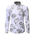 Gold Rose Floral Print Shirts Men Long Sleeve Slim Fit