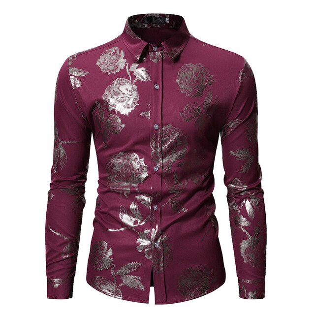 Gold Rose Floral Print Shirts Men Long Sleeve Slim Fit