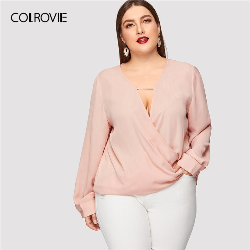 Plus Size Pink Solid Deep V Neck Casual Blouse