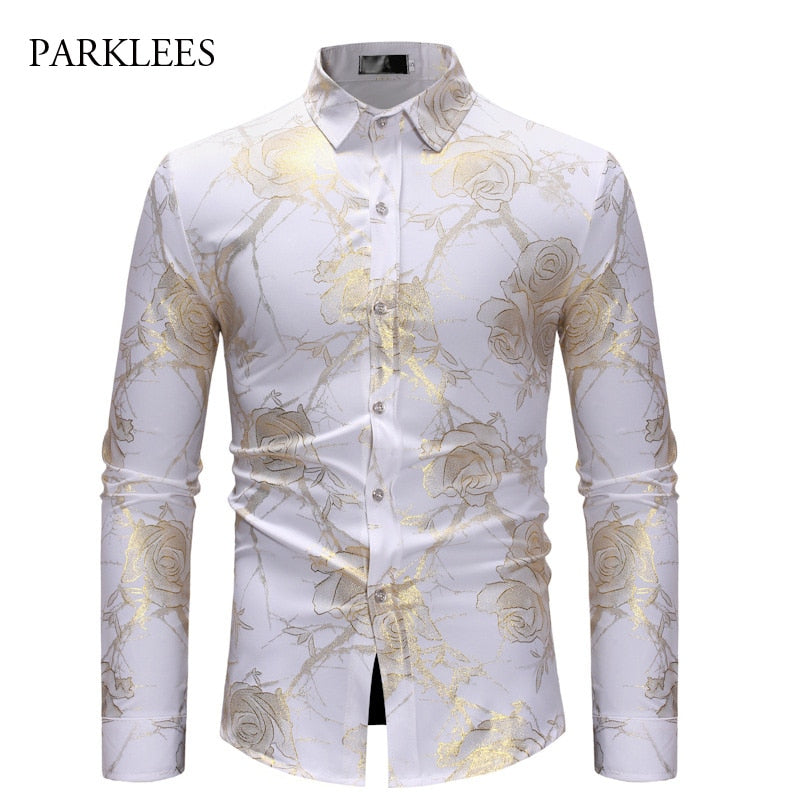 Rose Flower Shirt Men Gold Print Bronzing