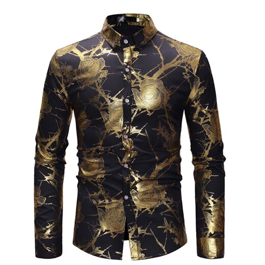 Rose Flower Shirt Men Gold Print Bronzing