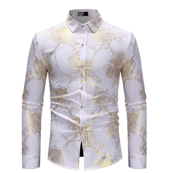 Rose Flower Shirt Men Gold Print Bronzing