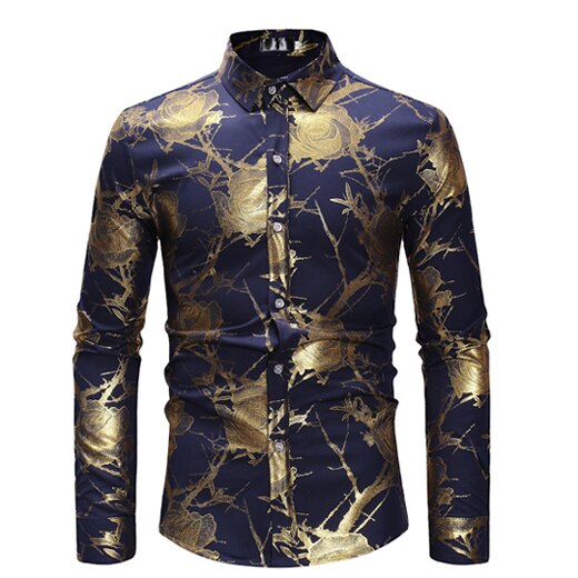 Rose Flower Shirt Men Gold Print Bronzing