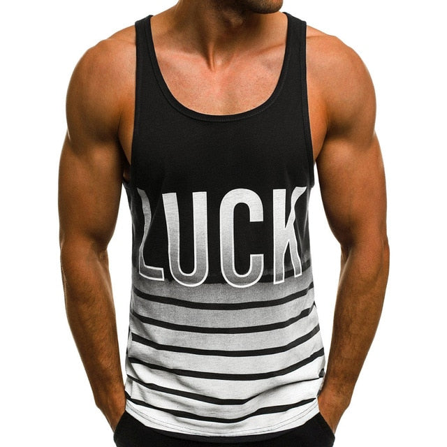 Letter Printed Striped Sleeveless O Neck Men Tank Top