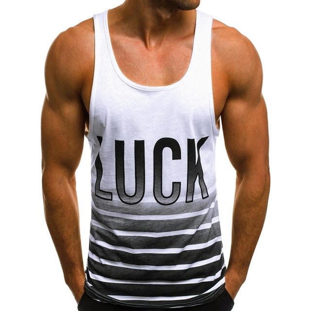 Letter Printed Striped Sleeveless O Neck Men Tank Top