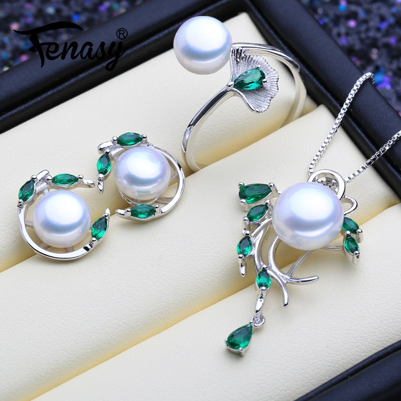 925 Sterling Silver Emerald Pearl Jewelry Sets