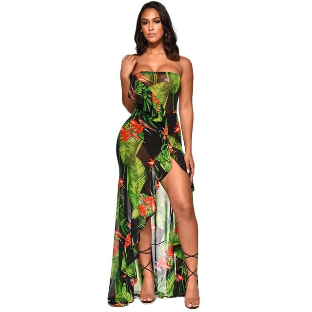 Summer Beach Floral Print Sheer Mesh Irregular Ruffles Dress