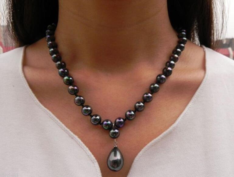 Necklace 8mm round bead Bright black pearl