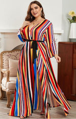 Plus Size Belted Rainbow Stripe Maxi fashion dress for ladies