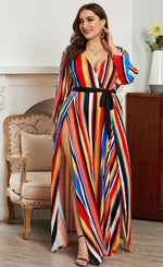 Plus Size Belted Rainbow Stripe Maxi fashion dress for ladies